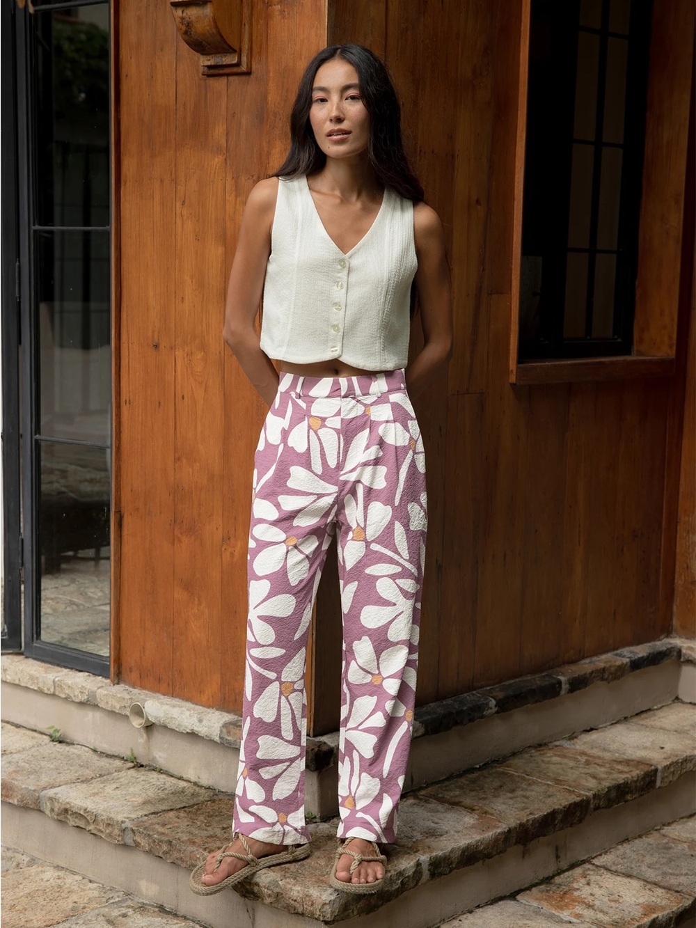 High-Rise Straight Leg Floral Pants in Dusty Rose